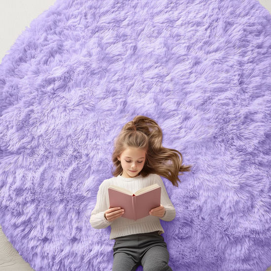 Picture of OLANLY Grey Round Rugs for Bedroom - Machine Washable, 8x8 Feet Circle Area Rugs for Living Room, Soft and Fluffy Shaggy Carpet for Teen Girls and Boys, Dorms, Nursery Rooms, Home Decor Aesthetic