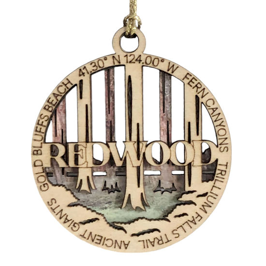 Picture of Redwood National Park Ornament - Handcrafted Wood Christmas Decoration, Laser Cut 3" Round with Forest Scene