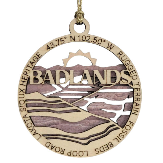 Picture of Badlands National Park Scene - 3" Wooden Christmas Ornament, Fossil Beds, Lakota Sioux Heritage, Handcrafted in Oregon