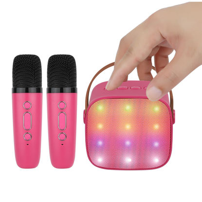 Picture of YOHIA Mini Karaoke Machine for Kids, Portable Bluetooth Speaker with 2 Wireless Microphone for Adults with Led Lights, Karaoke Gifts for Girls and Boys Birthday Home Party(Rose Red)