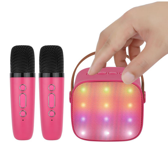 Picture of YOHIA Mini Karaoke Machine for Kids, Portable Bluetooth Speaker with 2 Wireless Microphone for Adults with Led Lights, Karaoke Gifts for Girls and Boys Birthday Home Party(Rose Red)