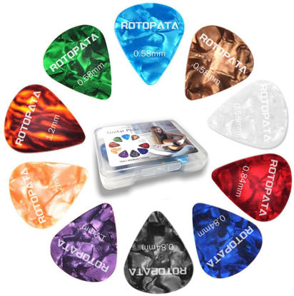 Picture of 12 Pack Guitar Picks Plectrums with Organizer Storage Box, 0.58 0.84 1.2 mm Includes Thin Medium Heavy Thickness, Variety Colorful Celluloid Plectrums for Bass Electric Acoustic Guitars Ukulele
