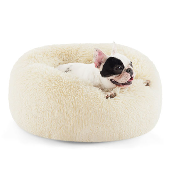 Picture of Bedsure Calming Dog Bed for Small Medium Dogs - Donut Washable Medium Pet Bed, 27 inches Anti-Slip Round Fluffy Plush Faux Fur Cat Bed, Cream
