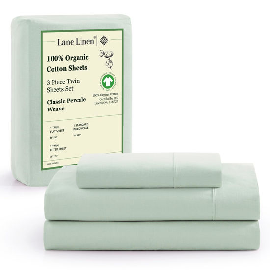Picture of LANE LINEN 100% Organic Cotton Twin Bed Sheet Set, 3 Pc Twin Size Bed Sheets, Soft & Breathable Twin Sheet Set Boys, Hotel Style Bedding Sheets & Pillowcases, 15" Deep Twin Fitted Sheet - Cool Blue