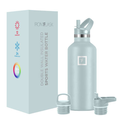 Picture of IRON °FLASK Camping & Hiking Hydration Canteens - 3 Lids (Narrow Straw Lid) Leak Proof Vacuum Insulated Stainless Steel - Hot & Cold Double Walled Sports Water Bottle - Morning Mist, 32 Oz