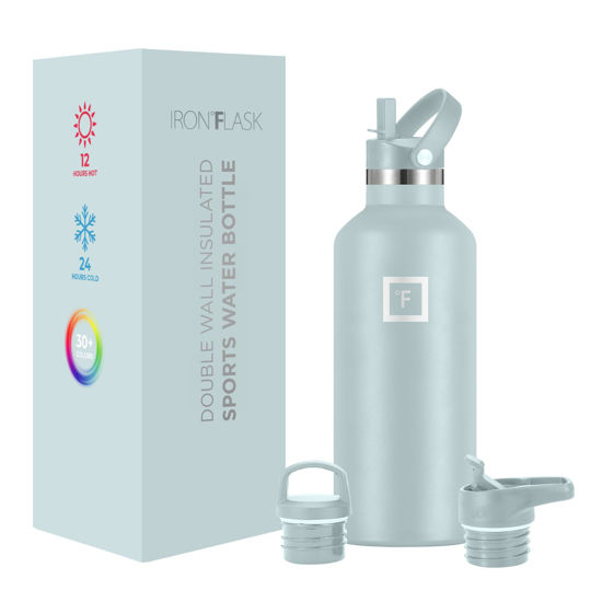 Picture of IRON °FLASK Camping & Hiking Hydration Canteens - 3 Lids (Narrow Straw Lid) Leak Proof Vacuum Insulated Stainless Steel - Hot & Cold Double Walled Sports Water Bottle - Morning Mist, 32 Oz