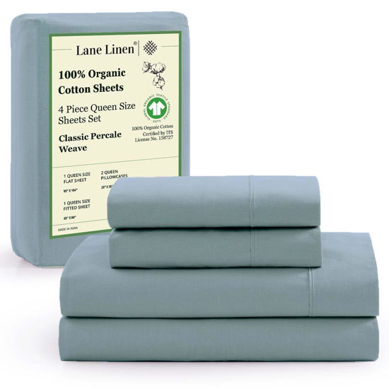 Picture of LANE LINEN 100% Organic Cotton Sheets Set, 4Pc Sheet Set Queen Size, Classic Percale Weave, Breathable Queen Cotton Sheet Set, Hotel Luxury Queen Deep Pocket Sheet Set, Oeko-Tex Sheets - French Blue