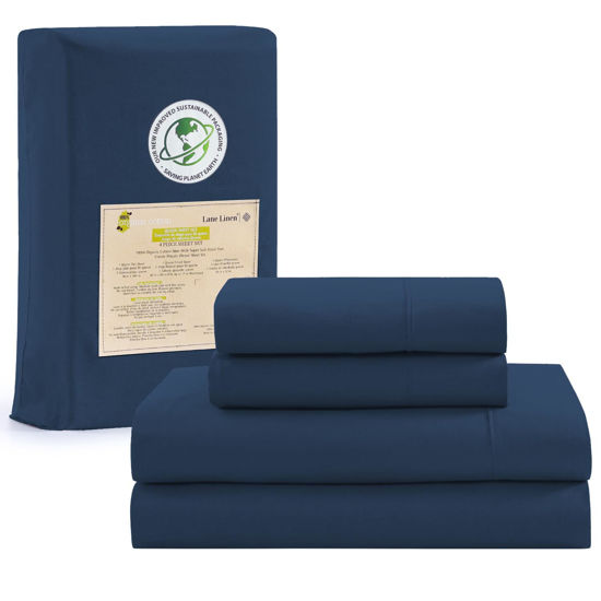 Picture of LANE LINEN 100% Organic Cotton Full Sheets Set 4-Piece Pure Percale Soft Bedding Breathable Fits Mattress Upto 15" Deep - Estate Blue