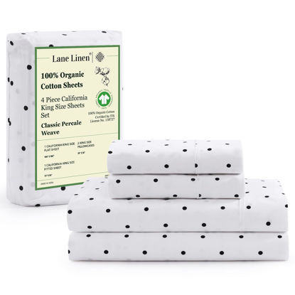 Picture of LANE LINEN 100% Organic Cotton California King Sheets Set, 4-Piece Pure Organic Cotton Long Staple Percale Weave Ultra Soft Best Bedding Sheets for Bed, Fits Mattress Upto 15" Deep - Black Polka Dot