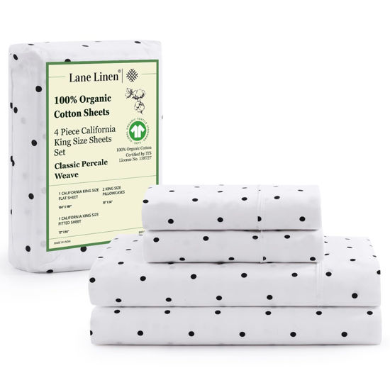 Picture of LANE LINEN 100% Organic Cotton California King Sheets Set, 4-Piece Pure Organic Cotton Long Staple Percale Weave Ultra Soft Best Bedding Sheets for Bed, Fits Mattress Upto 15" Deep - Black Polka Dot