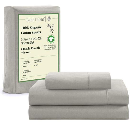 Picture of LANE LINEN 100% Organic Cotton Twin XL Sheets Set 3-Piece Pure Percale Extra Long Soft Bedding Breathable Fits Mattress Upto 15" Deep - Silver