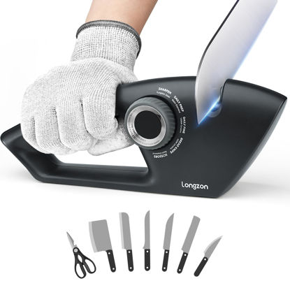 Picture of Longzon 5-in-1 Knife Sharpener 5 Stage with a Pair of Cut-Resistant Glove,Original Premium Polish Blades,Best Kitchen Knife Sharpener Really Works for Pocket Knife Chefs, Serrated Knives,Scissors