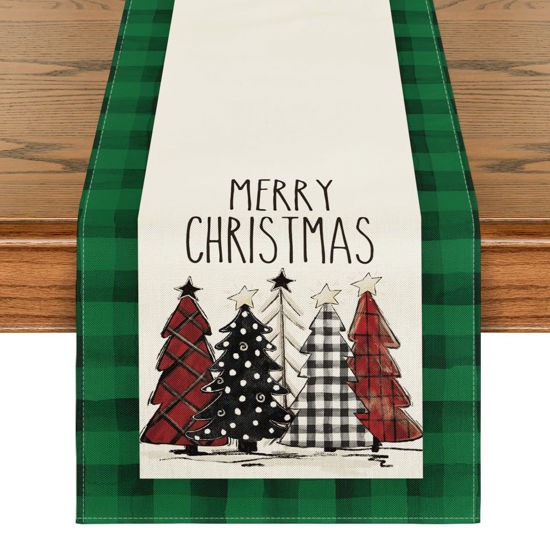 Picture of Artoid Mode Watercolor Green and Black Buffalo Plaid Christmas Trees Merry Xmas Table Runner, Seasonal Winter Holiday Kitchen Dining Table Decoration for Indoor Outdoor Home Party Decor 13 x 60 Inch