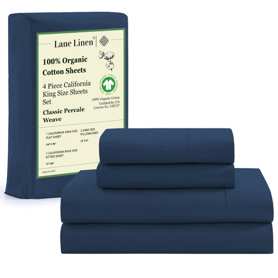 Picture of LANE LINEN 100% Organic Cotton California King Sheets Set, 4-Piece Pure Organic Cotton Long Staple Percale Weave Soft Bedding Sheets for Bed, Breathable, Fits Mattress Upto 15" Deep - Estate Blue