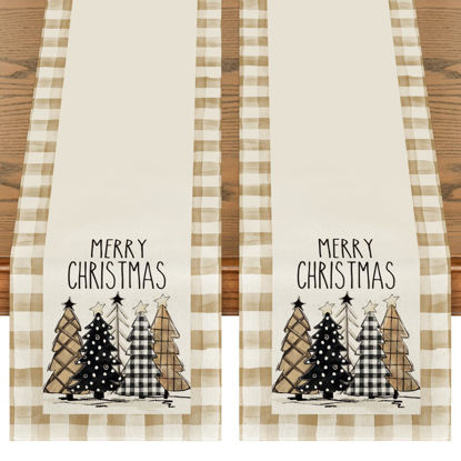Picture of Artoid Mode Brown Buffalo Plaid Xmas Trees 2PCS Merry Christmas Table Runner, Seasonal Winter Holiday Table Decoration for Home Party Decor 13 x 72 Inch