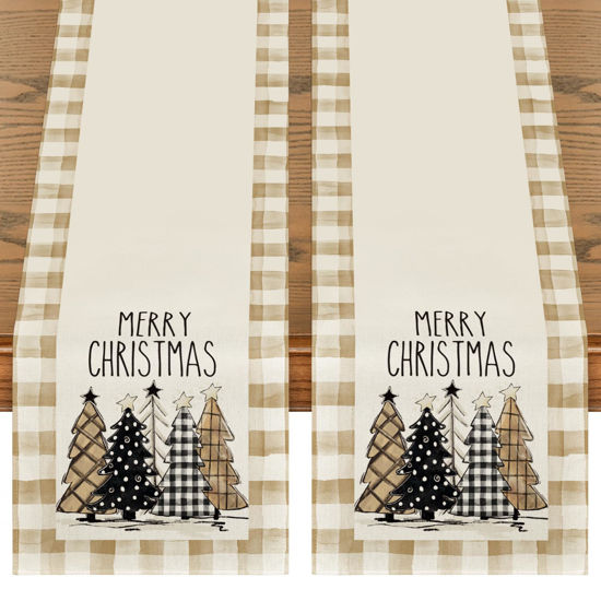 Picture of Artoid Mode Brown Buffalo Plaid Xmas Trees 2PCS Merry Christmas Table Runner, Seasonal Winter Holiday Table Decoration for Home Party Decor 13 x 72 Inch