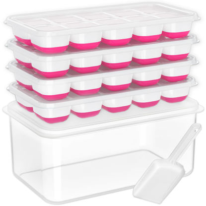 Picture of DOQAUS Ice Cube Tray with Lid and Bin, 4 Pack Silicone Plastic Ice Cubes Trays for Freezer with Box/Container, Stackable with Storage Iced Bucket Kits, Scoop, for Baby Food, Cocktail, Coffee