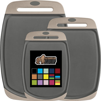 Picture of The Original Gorilla Grip Oversized 100% BPA Free Reversible Durable Kitchen Cutting Board Set of 3, Juice Grooves, Dishwasher Safe, Easy Grip Handle Border, Food Chopping Boards, Cooking, Almond Gray