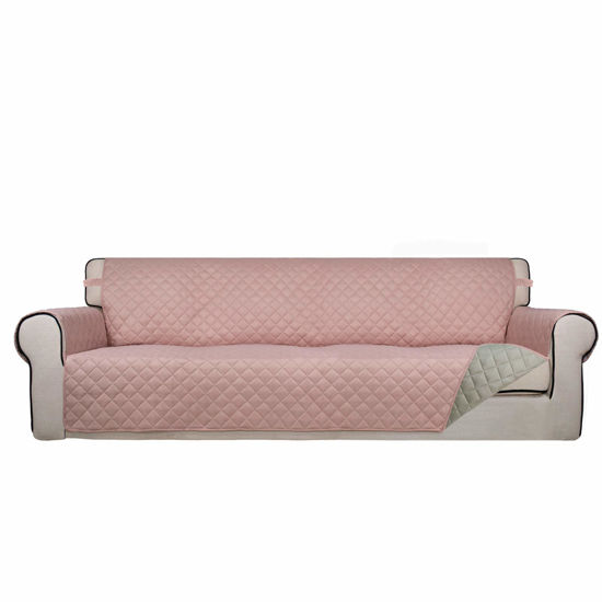 Picture of PureFit Reversible Quilted Sofa Cover, Water Resistant Slipcover Furniture Protector, Washable Couch Cover with Non Slip and Elastic Straps for Kids, Dogs, Pets (XX Large, Pink/Beige)