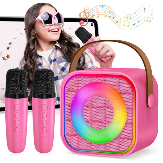 Picture of YLYYCC Mini Karaoke Machine with 2 Wireless Microphones for Kids Adults, Portable Bluetooth Singing Speaker Birthday Fun Gift for Girls Boys Ages 4,5,6,7,8,9,10+ Year Old, Toys for Party (Hotpink)