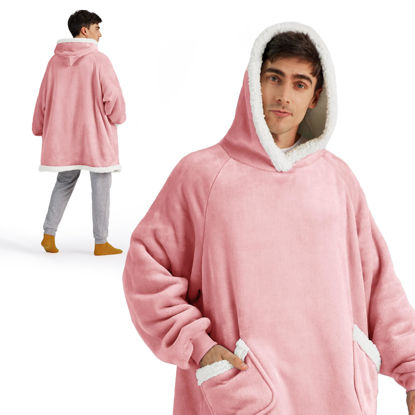 Picture of Bedsure Blanket Hoodie, Wearable Blanket for Adult & Kids as Gifts for Women Men, Birthday Gifts for Women Mom Sherpa Hoodie, Mellow Rose, Oversize