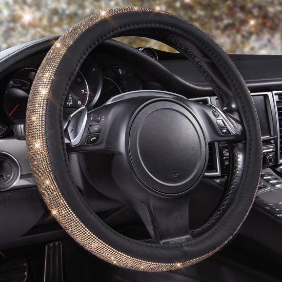 Picture of CAR PASS Bling Champagne Diamond Steering Wheel Cover, Black Leather Universal Fit 14.5-15inch Glitter Rhinestones for Women Sparkle Crystal Girly Shining for SUV,Vans,Sedan,Car,Truck, Black Champagne
