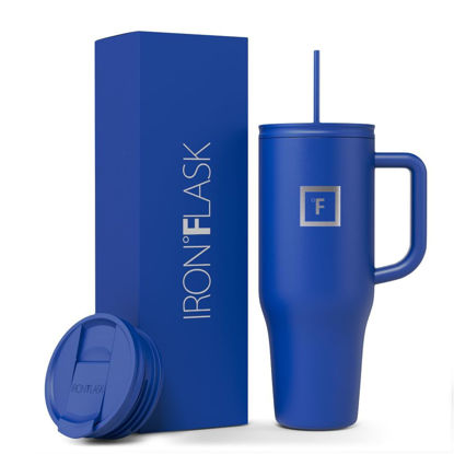 Picture of IRON °FLASK Co-Pilot Insulated Mug w/Straw & Flip Cap Lids - Cup Holder Bottle for Hot, Cold Drink - Leak-Proof - Water, Coffee Portable Travel Mug - Cobalt Blue, 40 Oz