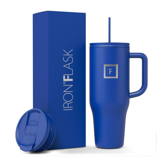 Picture of IRON °FLASK Co-Pilot Insulated Mug w/Straw & Flip Cap Lids - Cup Holder Bottle for Hot, Cold Drink - Leak-Proof - Water, Coffee Portable Travel Mug - Cobalt Blue, 40 Oz