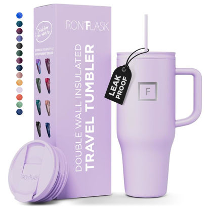 Picture of IRON °FLASK Co-Pilot Insulated Mug w/Straw & Flip Cap Lids - Cup Holder Bottle for Hot, Cold Drink - Leak-Proof- Water, Coffee Portable Travel Tumbler - Lavender, 40 Oz