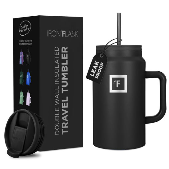 Picture of IRON FLASK Co-Pilot Insulated Mug w/Straw & Flip Cap Lids - Cup Holder Bottle for Hot, Cold Drink - Leak-Proof - Water, Coffee Portable Travel Mug - Black, 50 Oz