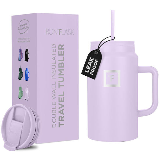 Picture of IRON °FLASK Co-Pilot Insulated Mug w/Straw & Flip Cap Lids - Cup Holder Bottle for Hot, Cold Drink - Leak-Proof - Water, Coffee Portable Travel Mug - Lavender, 50 Oz