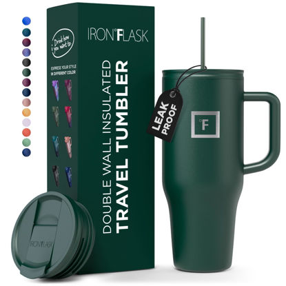 Picture of IRON °FLASK Co-Pilot Insulated Mug w/Straw & Flip Cap Lids - Cup Holder Bottle for Hot, Cold Drink - Leak-Proof - Water, Coffee Portable Travel Mug - Dark Pine, 32 Oz