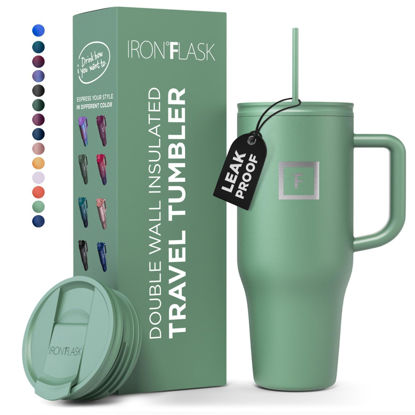 Picture of IRON °FLASK Co-Pilot Insulated Mug w/Straw & Flip Cap Lids - Cup Holder Bottle for Hot, Cold Drink - Leak-Proof- Water, Coffee Portable Travel Tumbler - Sage, 40 Oz