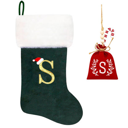 Picture of Eoocan 20 Inches Monogram Christmas Stockings Green Velvet with White Super Soft Plush Cuff Embroidered Xmas Stocking Classic Personalized Stocking Decoration for Family Holiday Season Decor(Letter S)