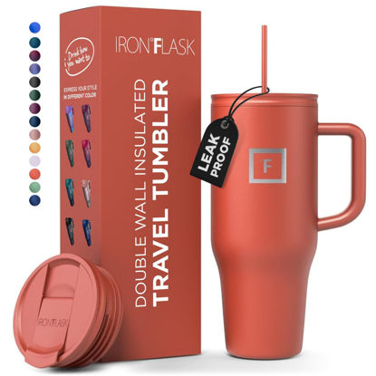 Picture of IRON °FLASK Co-Pilot Insulated Mug w/Straw & Flip Cap Lids - Cup Holder Bottle for Hot, Cold Drink - Leak-Proof- Water, Coffee Portable Travel Tumbler - Rusty Red, 40 Oz