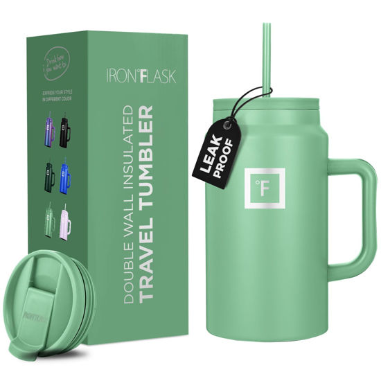 Picture of IRON °FLASK Co-Pilot Insulated Mug w/Straw & Flip Cap Lids - Cup Holder Bottle for Hot, Cold Drink - Leak-Proof - Water, Coffee Portable Travel Mug - Sage, 50 Oz