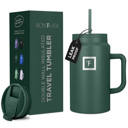 Picture of IRON FLASK Co-Pilot Insulated Mug w/Straw & Flip Cap Lids - Cup Holder Bottle for Hot, Cold Drink - Leak-Proof - Water, Coffee Portable Travel Mug - Dark Pine, 50 Oz