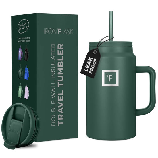 Picture of IRON FLASK Co-Pilot Insulated Mug w/Straw & Flip Cap Lids - Cup Holder Bottle for Hot, Cold Drink - Leak-Proof - Water, Coffee Portable Travel Mug - Dark Pine, 50 Oz