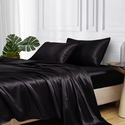 Picture of MR&HM Satin Bed Sheets, Twin XL Size Sheets Set, 3 Pcs Silky Bedding Set with 15 Inches Deep Pocket for Mattress(Twin XL, Black)