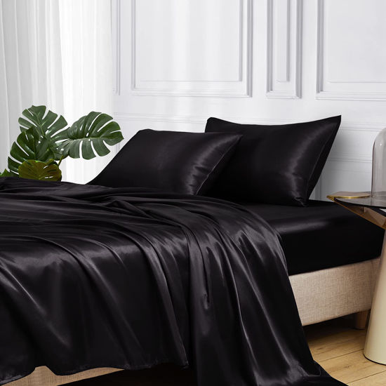 Picture of MR&HM Satin Bed Sheets, Twin XL Size Sheets Set, 3 Pcs Silky Bedding Set with 15 Inches Deep Pocket for Mattress(Twin XL, Black)
