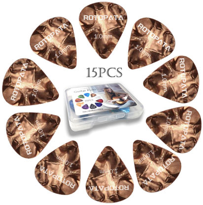 Picture of 15 Pack Heavy Guitar Picks Plectrums with Organizer Storage Box, 1.0 mm Guitar Pick Plectrums for Bass Electric Acoustic Guitars Ukulele (Brown)