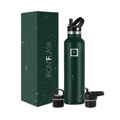 Picture of IRON °FLASK Sports Water Bottle - 3 Lids (Narrow Straw Lid) Leak Proof Vacuum Insulated Stainless Steel - Hot & Cold Double Walled Insulated Thermos, Durable Metal Canteen - Dark Pine Speckle, 24 Oz