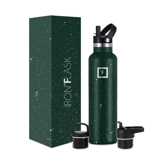 Picture of IRON °FLASK Sports Water Bottle - 3 Lids (Narrow Straw Lid) Leak Proof Vacuum Insulated Stainless Steel - Hot & Cold Double Walled Insulated Thermos, Durable Metal Canteen - Dark Pine Speckle, 24 Oz
