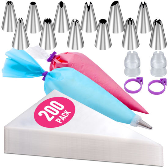 Picture of 200Pcs Piping Bags and Tips Set, 12 Inch Pastry Bags, Cakes Decorating Kit Supplies, Icing Bags Disposable with 1 Reusable Piping Bags, 12 Frosting Tips, 2 Couplers, 2 Bag Ties