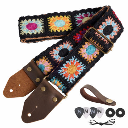 Picture of Nefelibata Guitar Strap,Crazy Horse Leather Jacquard Embroidery Cotton Guitar Straps for Bass, Electric & Acoustic, Best Gifts for Guitarists(Sunflower Black Embroidery)