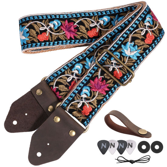 Picture of Nefelibata Guitar Strap,Jacquard Embroidery Cotton Guitar Straps with Crazy Horse Leather Ends for Bass, Electric & Acoustic, Best Gifts for Guitarists(Elegant Blue Flower Embroidery)