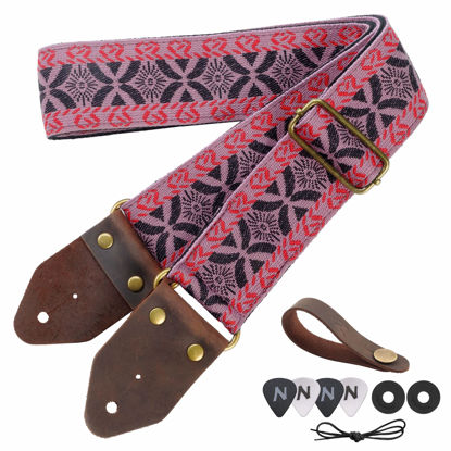 Picture of Nefelibata Guitar Strap,Jacquard Embroidery Cotton Guitar Straps with Crazy Horse Leather Leather Ends for Bass, Electric & Acoustic, Best Gifts for Kids, Guitarists(Embroidered red)