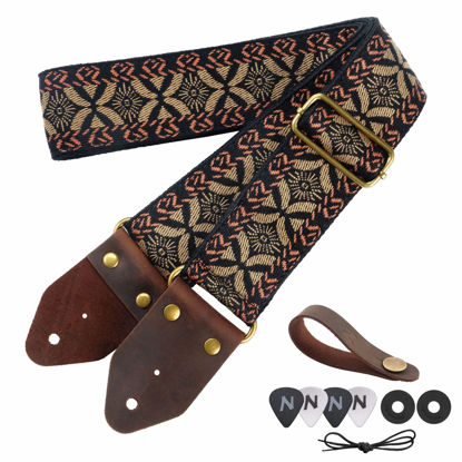 Picture of Nefelibata Guitar Strap,Jacquard Embroidery Cotton Guitar Straps with Crazy Horse Leather Leather Ends for Bass, Electric & Acoustic, Best Gifts for Kids, Guitarists(Golden embroidery)