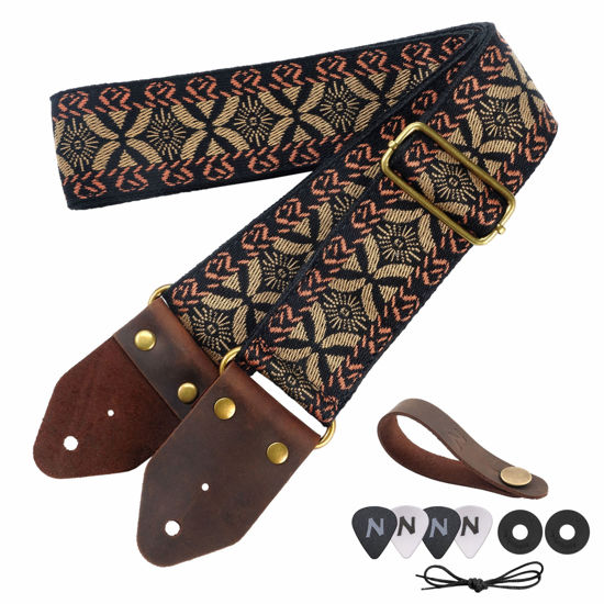 Picture of Nefelibata Guitar Strap,Jacquard Embroidery Cotton Guitar Straps with Crazy Horse Leather Leather Ends for Bass, Electric & Acoustic, Best Gifts for Kids, Guitarists(Golden embroidery)