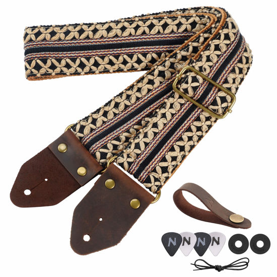 Picture of Nefelibata Guitar Strap,Jacquard Embroidery Cotton Guitar Straps with Crazy Horse Leather Ends for Bass, Electric & Acoustic, Best Gifts for Kids, Guitarists(Black gold embroidery)